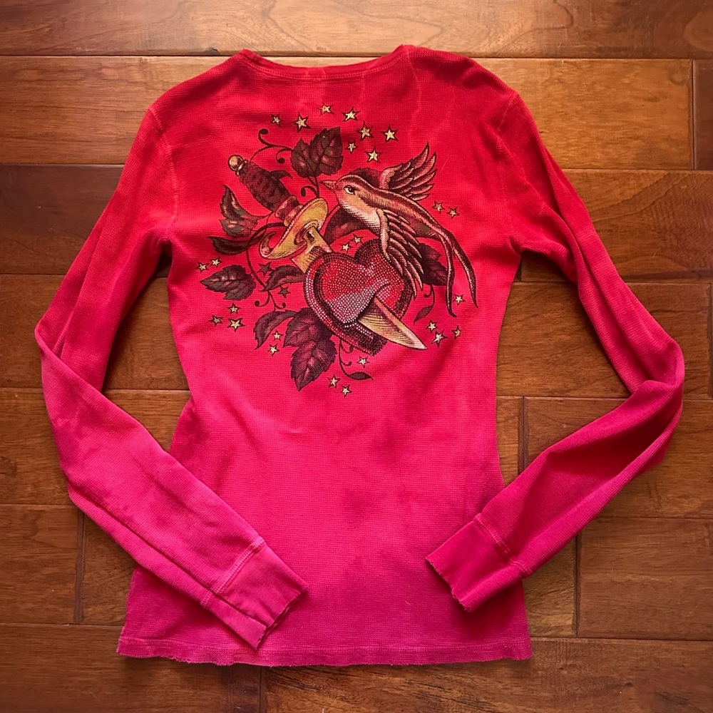 Sinful by Affliction Red Long sleeve Thermal Gemstone Heart and Knife Bi…